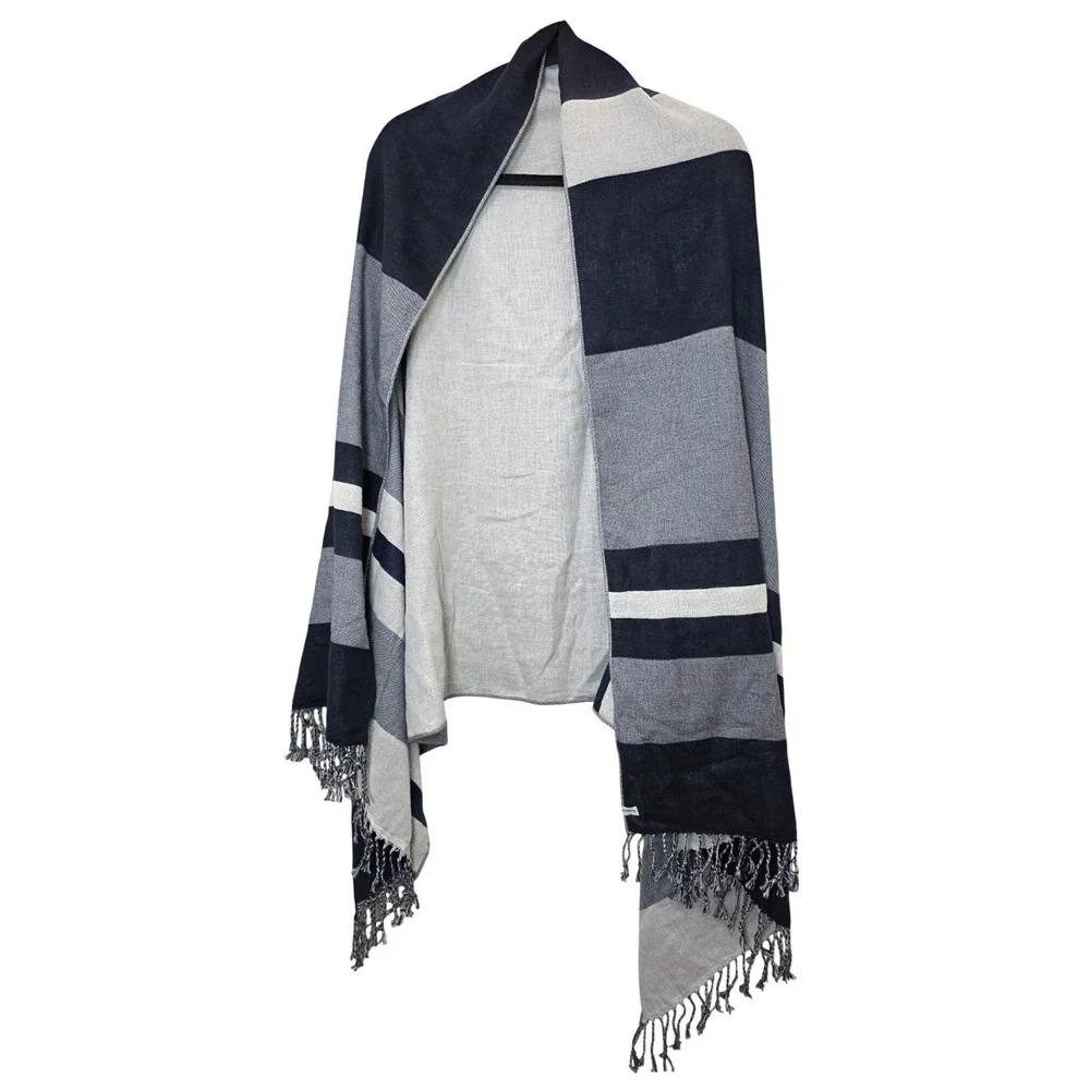 Levi Strauss & Co. Striped Navy & Gray Lightweight Scarf/Shawl‎ Fringe Detailing